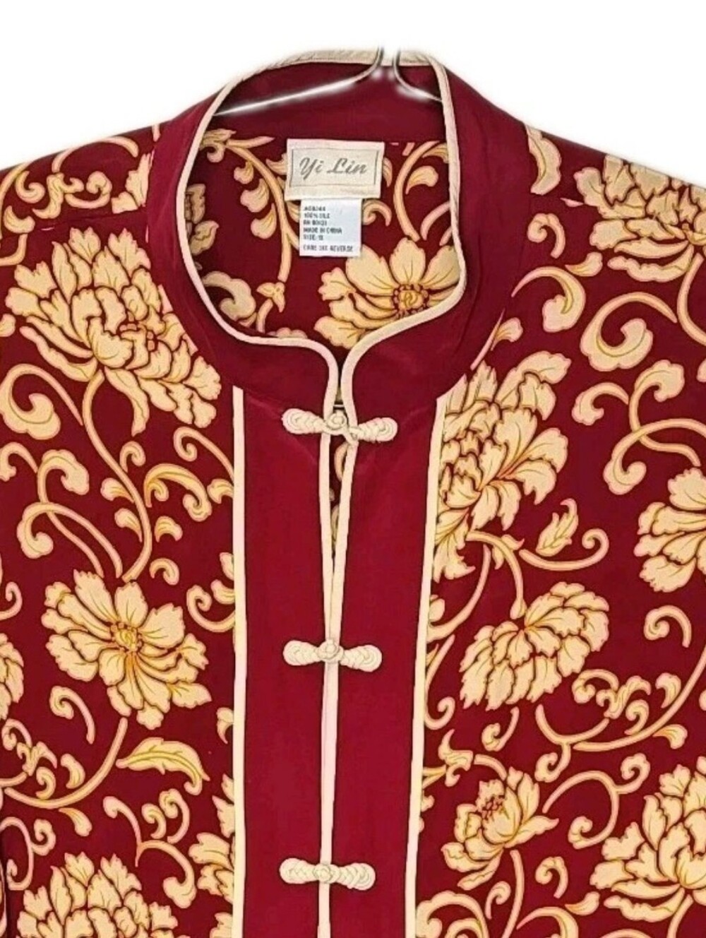 Vintage Yi Lin Woman 1X Oriental Silk Kimono Tunic Top Red Filagree Floral Frog